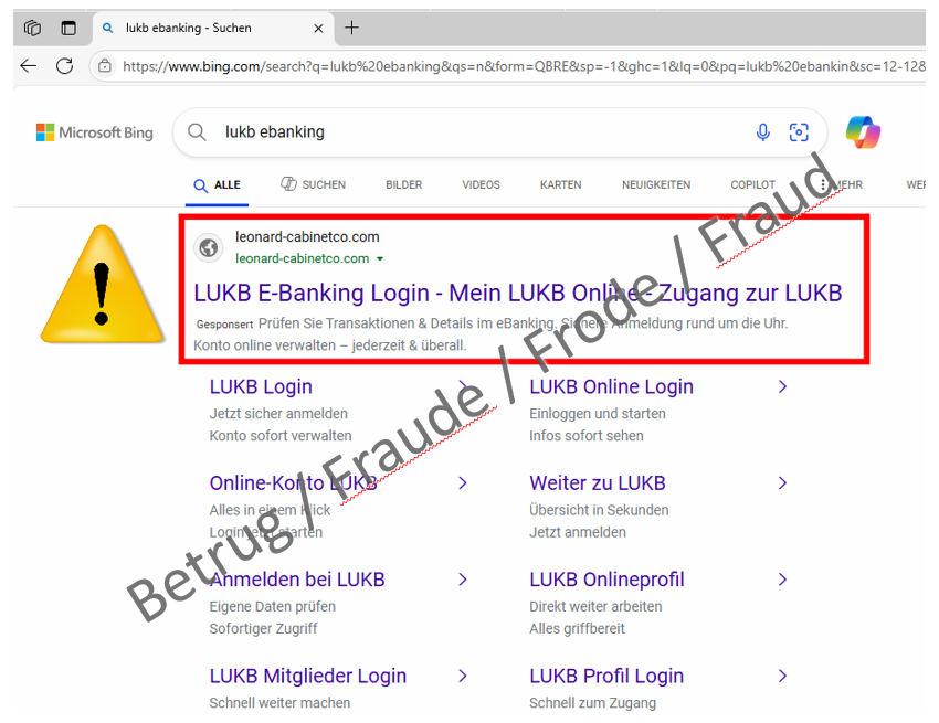 Fraudulent search results with hits for the alleged LUKB e-banking site.