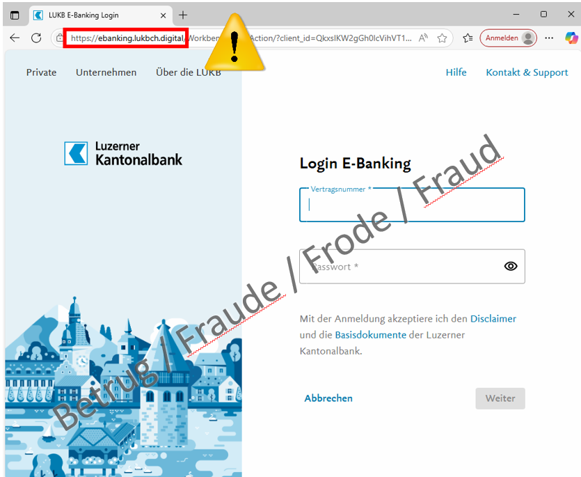 Fraudulent copy of the LUKB e-banking portal, recognizable by the ending “.digital.”