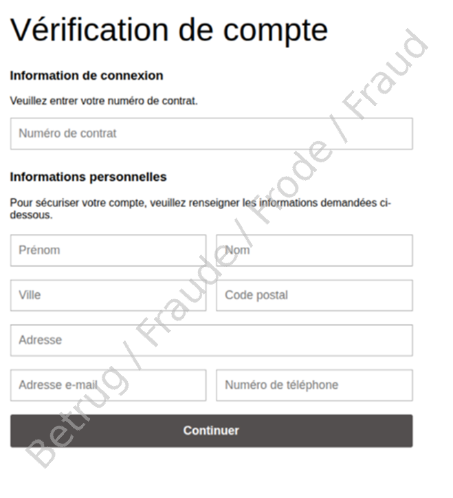 Window requesting information such as e-banking contract number, full name and telephone number.