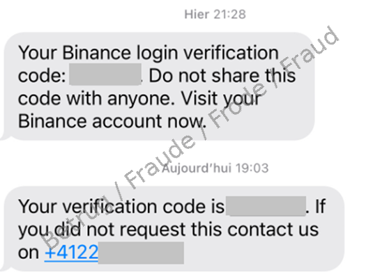 Above: A legitimate two-factor authentication-triggered SMS from the day before. Below: SMS sent by the scammers.