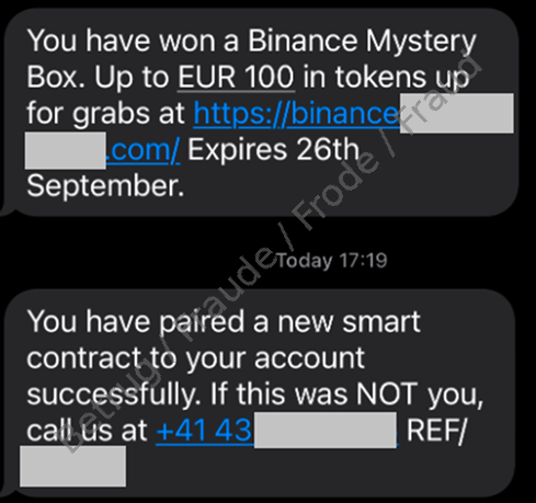 Above: Scam SMS sent some time ago about a fake prize draw. Below: Scam SMS designed to trick the victim into calling the scammer.