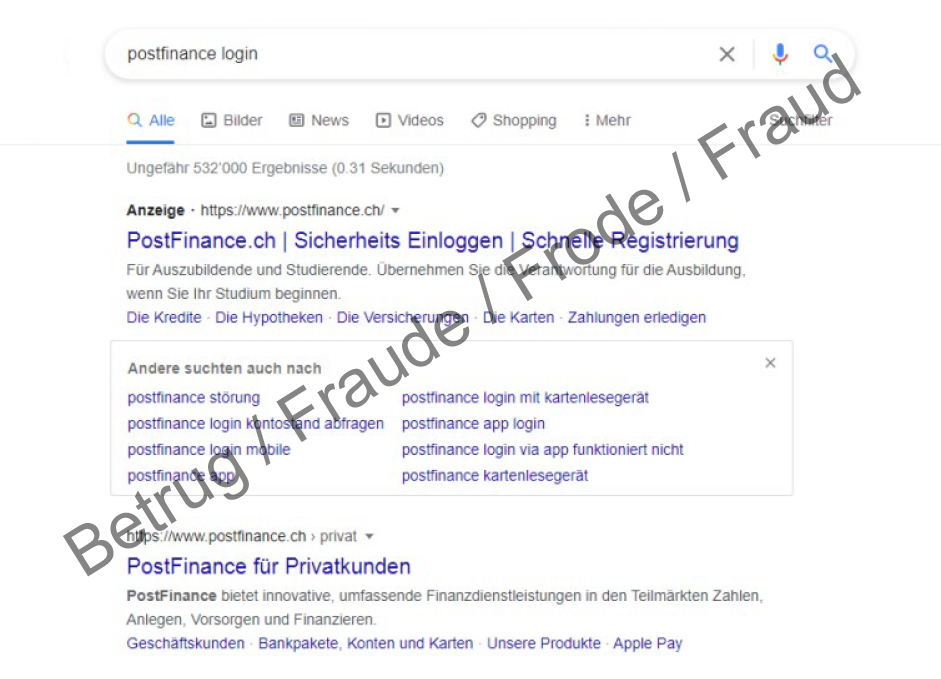 Fraudulent advertisement that appeared when searching for "PostFinance" and "login".