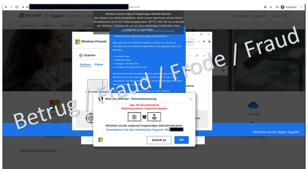 Several pop-ups and warning messages prompt a fake support call