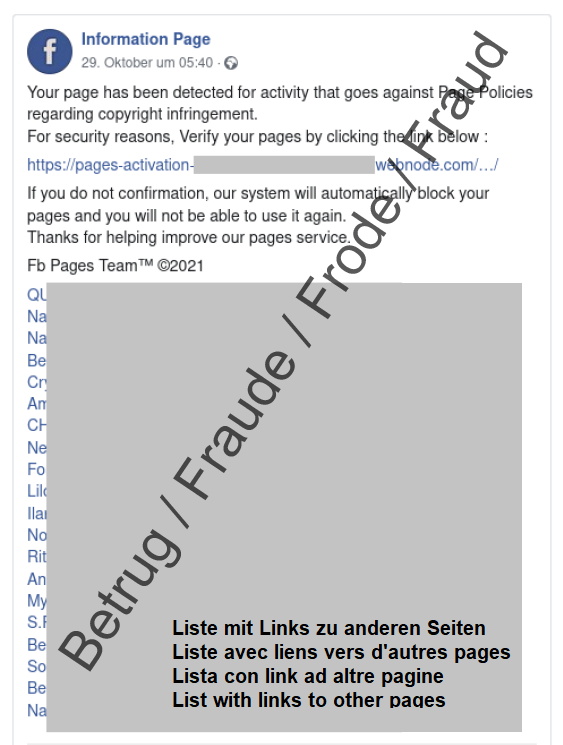 Facebook page with alleged copyright infringement. After the text, numerous links are listed. These appear under the 