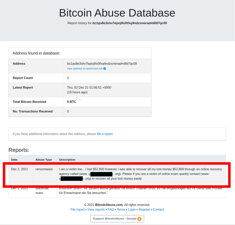 Bitcoin Abuse Database website with the post advertising the fraud described. 