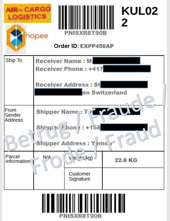 Picture of the shipping address. Here, too, the changes made by the fraudsters can be seen.