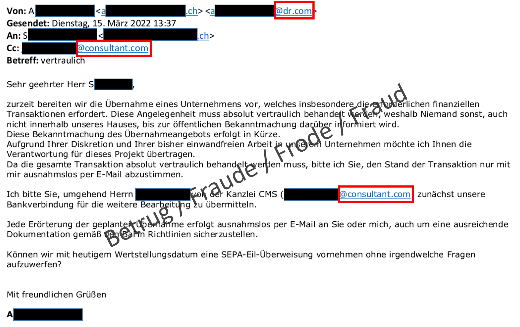 Courriel de PDG frauduleux. Les noms de domaines utilisés à des fins malhonnêtes sont encadrés en rouge.