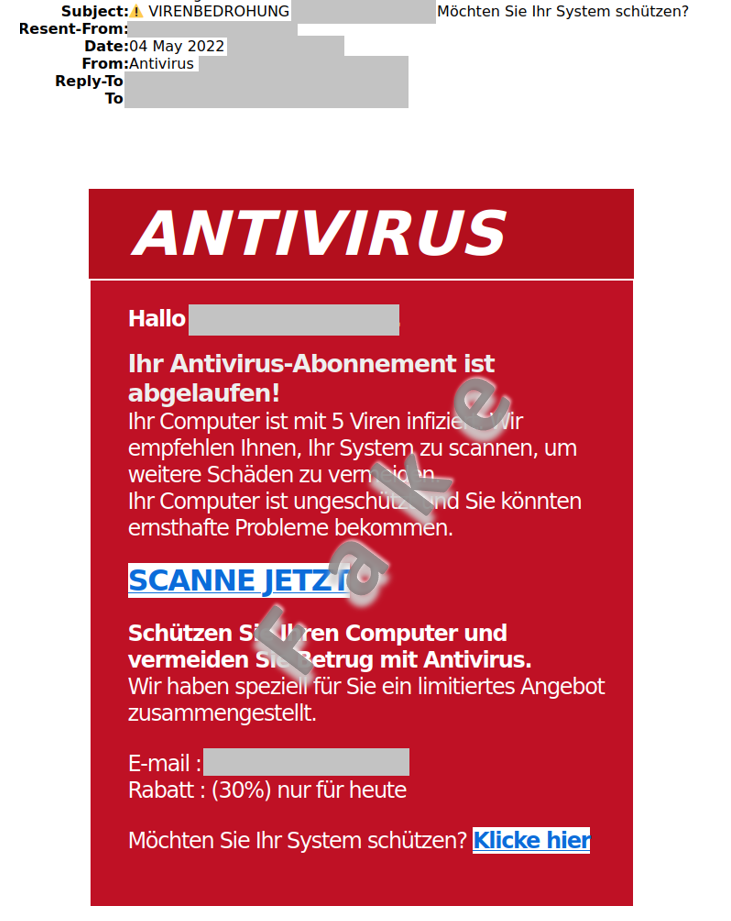 Exemple de courriel informant le destinataire que cinq virus ont été détectés et que son ordinateur doit être sécurisé. 