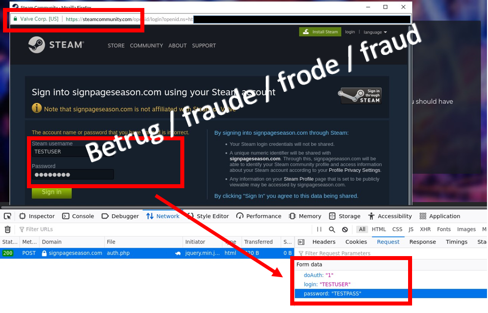 La page de connexion frauduleuse, dont le certificat est prétendument correct (encadré en haut à gauche). Les données de connexion saisies (encadré au milieu à gauche) ne sont pas cryptées et peuvent être lues dans le navigateur (encadré en bas à droite). 