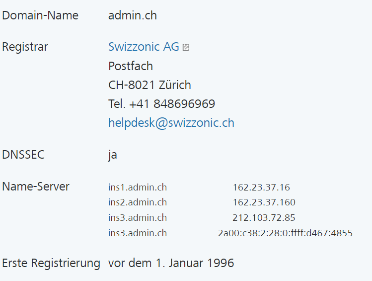 Sur nic.ch, il est possible de voir que le site web «admin.ch» a été enregistré en 1996. 