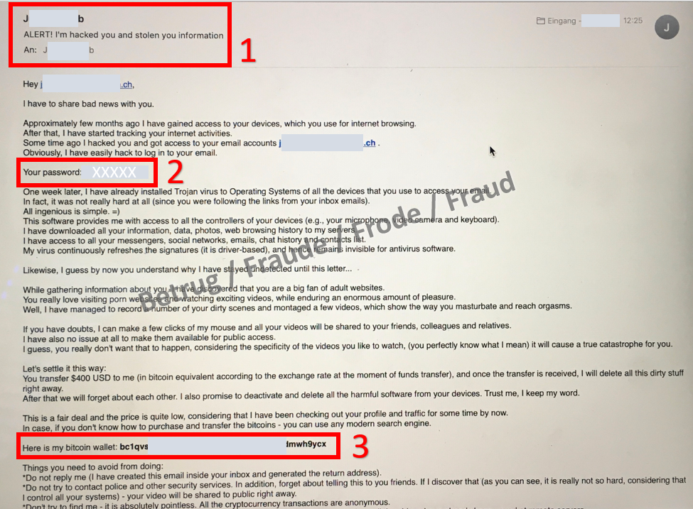 Courriel de fake sextortion dont l'adresse de l'expéditeur est falsifiée (1), comportant un mot de passe d'actualité (2) et les coordonnées d'un compte de cryptomonnaie (3)