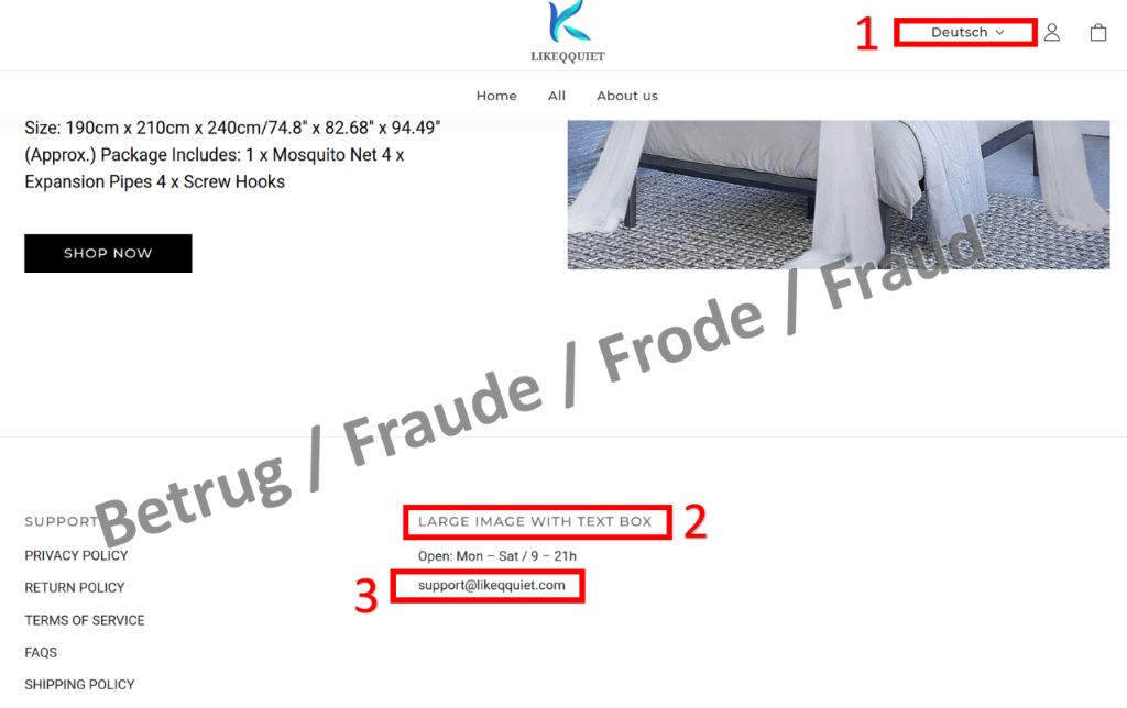 Site Internet d'une boutique en ligne frauduleuse. La seule coordonnée disponible est une adresse électronique (3), la page est en anglais bien que la langue choisie soit l'allemand (1) et un texte figure à l'emplacement réservé à l'image (2).