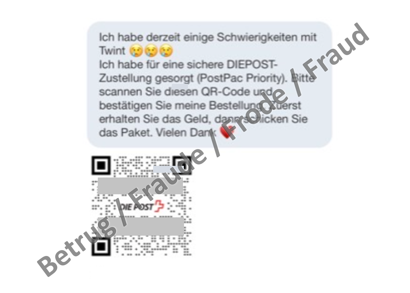 Code QR faisant suite à l'achat d'un article sur une plateforme de petites annonces. Le lien mène à une page d'hameçonnage.