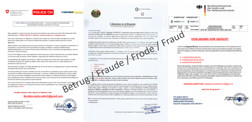 Lettres de chantage frauduleuses en français, italien et allemand.