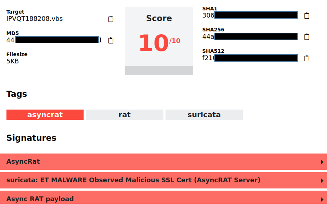 L'analyse du fichier ISO avec un outil approprié indique la présence du maliciel AsyncRAT. 