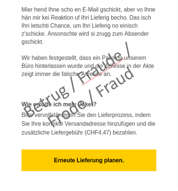 Notification falsifiée concernant un paquet, rédigée en suisse allemand