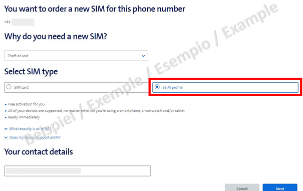 Voici un exemple de formulaire de commande figurant sur le site d'un opérateur téléphonique. Le cybercriminel peut commander une carte eSIM ou se faire livrer une carte SIM à l'adresse qu'il souhaite, puisqu'il est possible de modifier celle-ci sur le site.