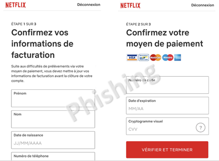 À gauche, la première page d'hameçonnage demandant les informations personnelles; à droite, la deuxième page d'hameçonnage servant à récupérer les données de la carte de crédit.
