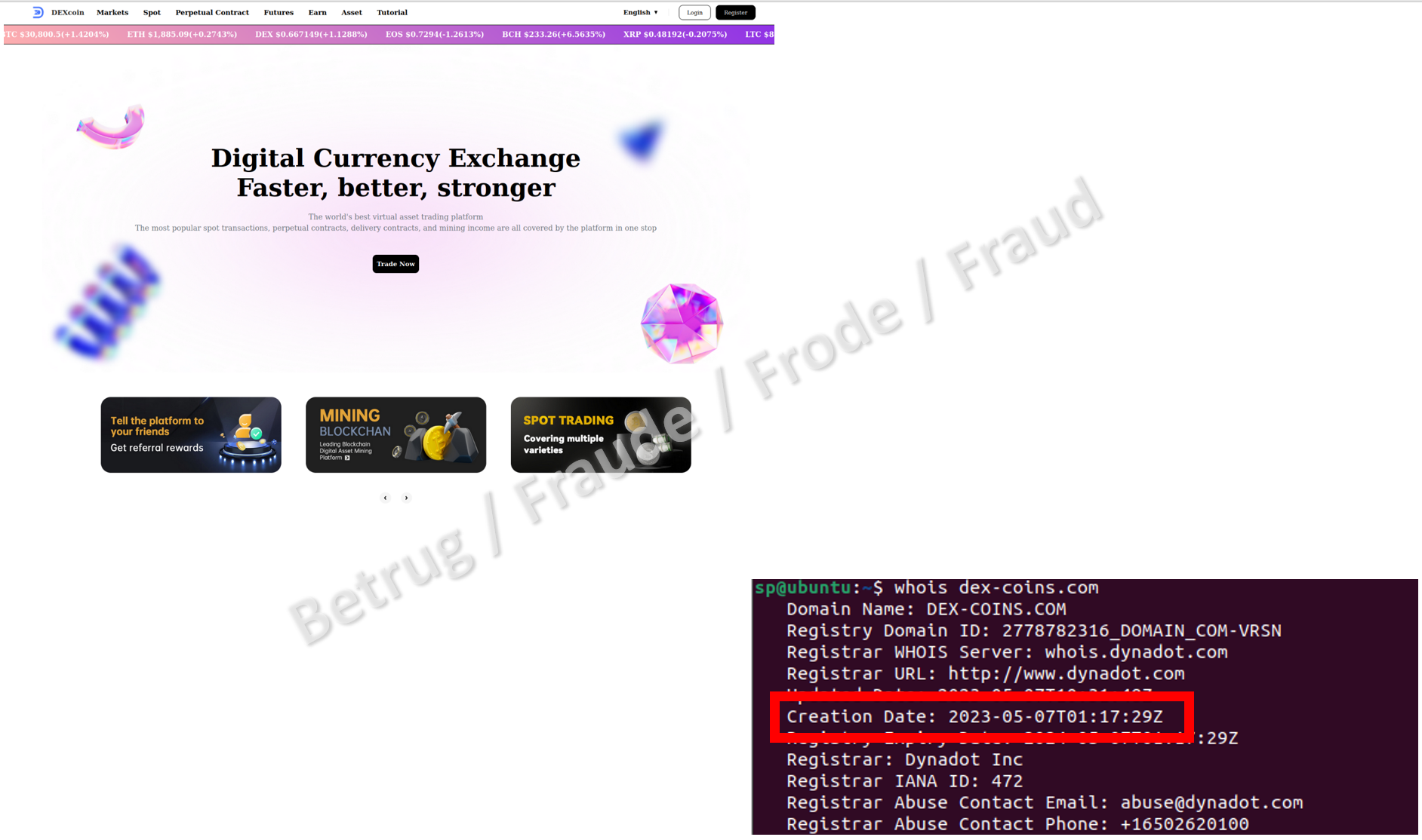 Une autre page de fraude à l’investissement en ligne, qui n’existe que depuis deux mois selon le registre «Whois» (encadré rouge).