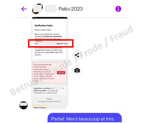 Les escrocs envoient à leur victime une capture d’écran falsifiée de l’application du Paléo Festival, dans laquelle ils insèrent son adresse électronique (encadré rouge).