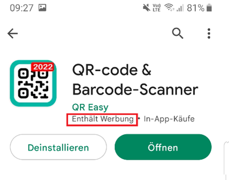 Notification indiquant que l'application pour scanner les codes QR contient de la publicité.