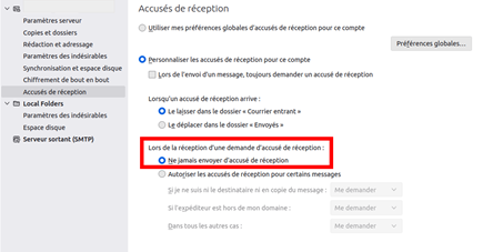 Désactivation de l’envoi automatique des confirmations de lecture dans Thunderbird