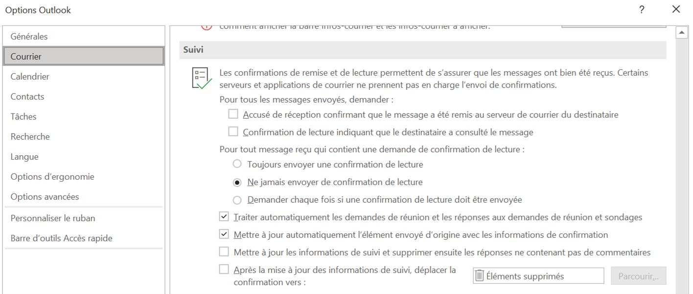 Désactivation de l’envoi automatique des confirmations de lecture dans Outlook