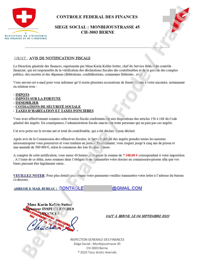 GDocument prétendument envoyé par la conseillère fédérale Karin Keller-Sutter. La personne visée est invitée à prendre contact avec le responsable du dossier au moyen d’une adresse Gmail. 