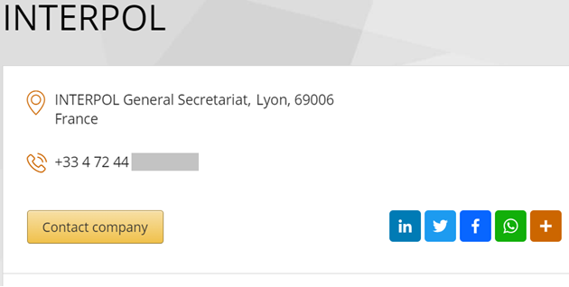 Site web indiquant le numéro de téléphone officiel d'Interpol.