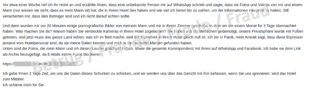 Exemple de courriel dans lequel un cybercriminel se faisant passer pour un client de l’hôtel affirme qu’une caméra a été installée dans sa chambre et que la documentation prouvant ses allégations est accessible sous le lien indiqué.