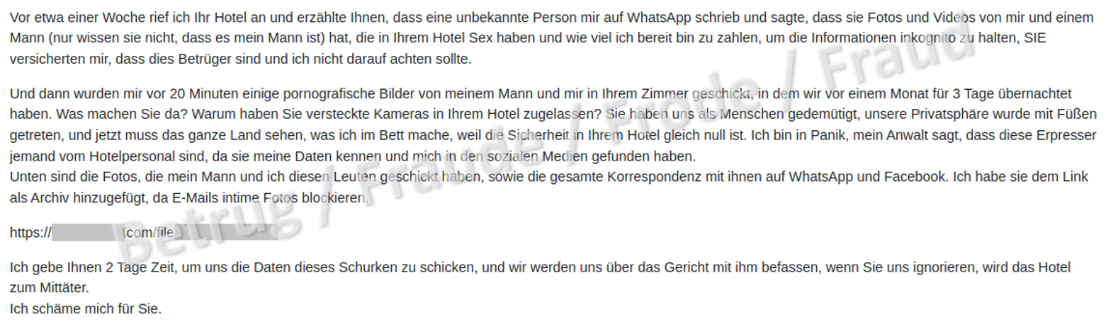 Exemple de courriel dans lequel un cybercriminel se faisant passer pour un client de l’hôtel affirme qu’une caméra a été installée dans sa chambre et que la documentation prouvant ses allégations est accessible sous le lien indiqué.