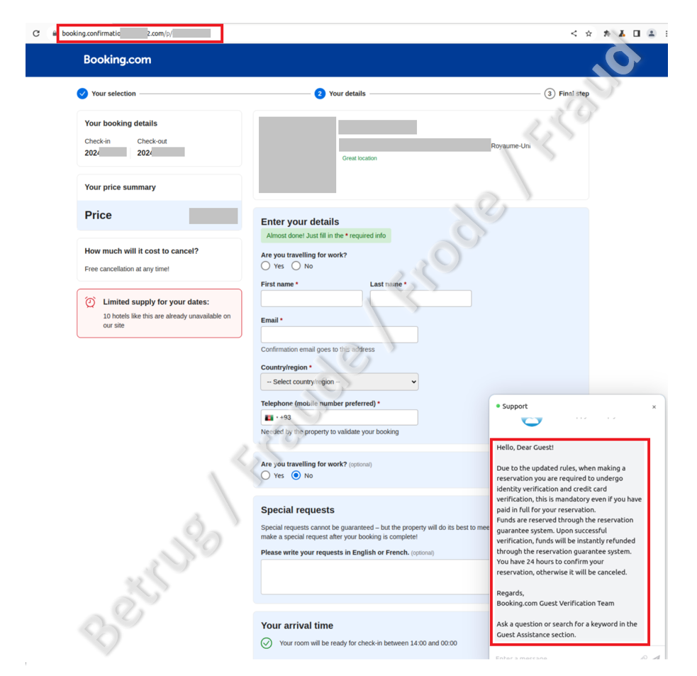 Page d’hameçonnage personnalisée qui affiche les données enregistrées dans le compte de l’hôtel sur «booking.com». Les escrocs ont préalablement volé les données d’accès à ce compte en se servant d’un logiciel malveillant.