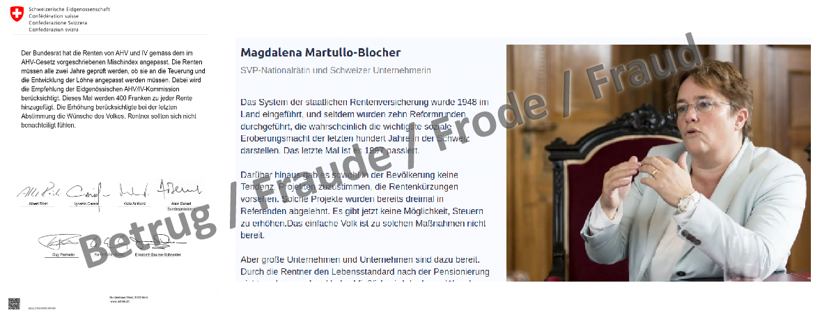 Les signatures des conseillers fédéraux et la déclaration de la conseillère nationale Magdalena Martullo-Blocher suggèrent à la victime qu'elle est en train de lire une page officielle de la Confédération.