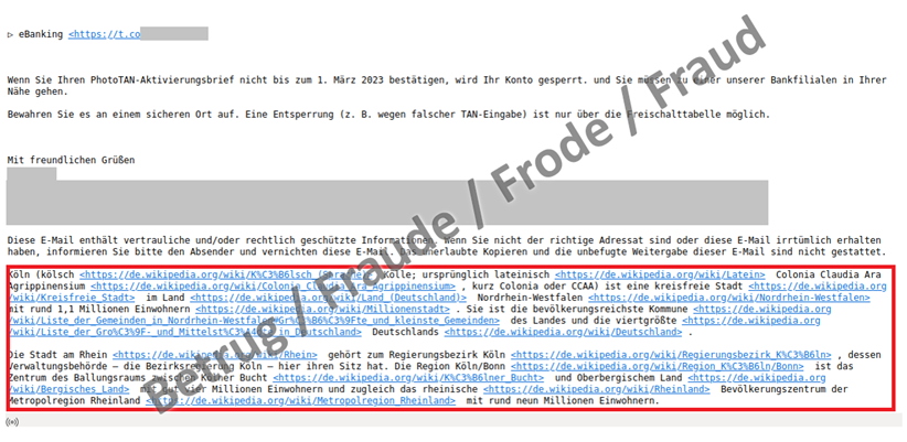 Courriel d'hameçonnage au bas duquel la page Wikipédia de la ville de Cologne a été ajoutée afin de contourner le filtre antipourriel