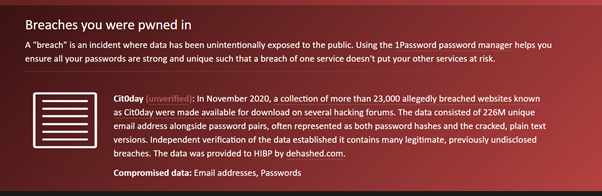 Mention sur « Have I been pwned » indiquant que le mot de passe est apparu en novembre 2020 dans un recueil de données sur des forums de hackers.
