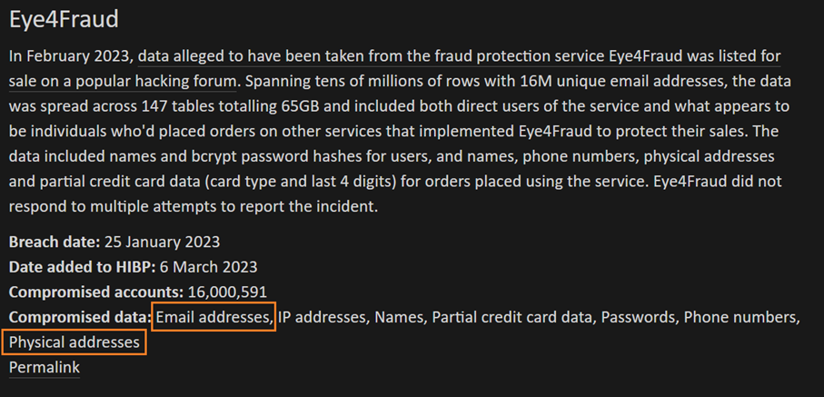  Parmi les données qui ont fuité de l’entreprise Eye4Fraud figuraient des adresses électroniques et postales. Tous les cas de pseudo-sextorsion annoncés à l’OFCS concernaient des adresses postales extraites de cette liste.