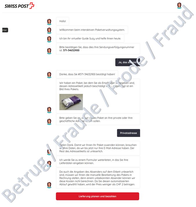 Faux agent conversationnel «Votre guide virtuel Suzy» de Swiss Post