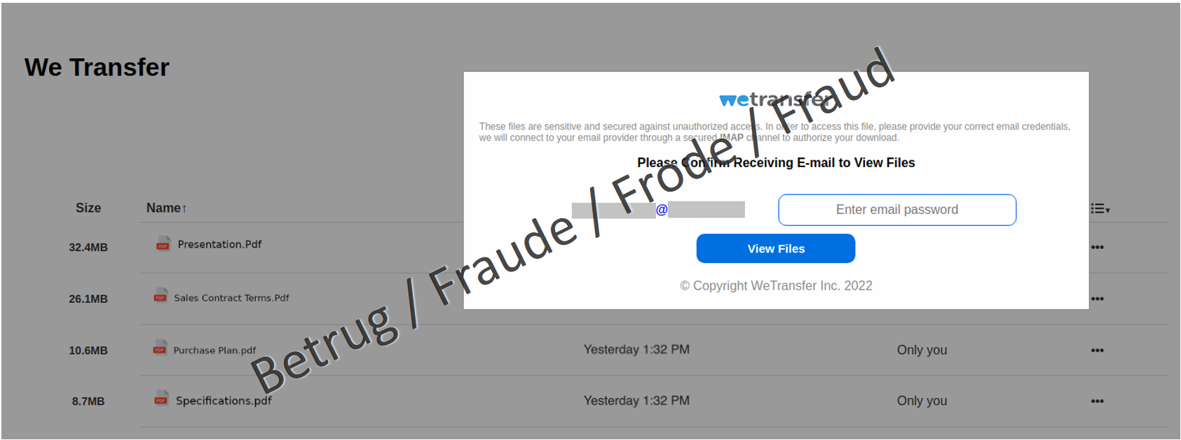 Sito web fraudolento: sullo sfondo si fa credere che vi siano documenti da scaricare, mentre nella finestra in primo piano si deve inserire la password del proprio account e-mail.