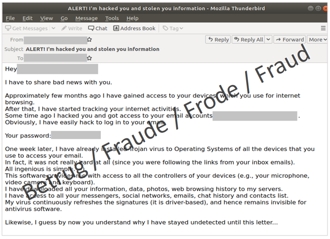 Esempio di e-mail di fake sextortion con menzione della password