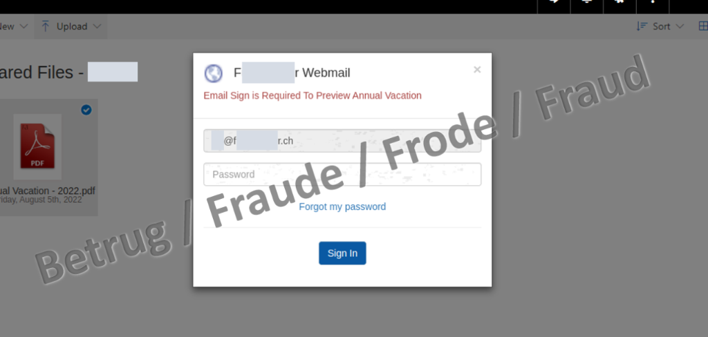 Finestra pop-up con tentativo di phishing 