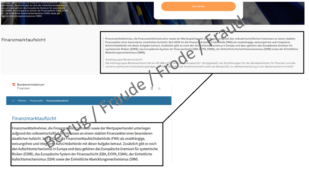 Il testo nel colofone del sito fraudolento è stato copiato dal sito del Ministero federale delle Finanze austriaco.