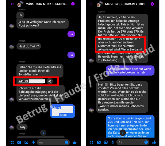 Nel riquadro rosso a sinistra, l’acquisto originale della scheda grafica con il numero di telefono dell’agente finanziario. Nell’immagine a destra, i truffatori giustificano l’aumento del prezzo di vendita e il cambio di account TWINT a cui versare l’importo.
