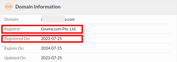 Il centro di registrazione è a Singapore (riquadro rosso in alto). Il falso negozio online era stato registrato appena sette giorni prima della segnalazione (riquadro rosso in basso).