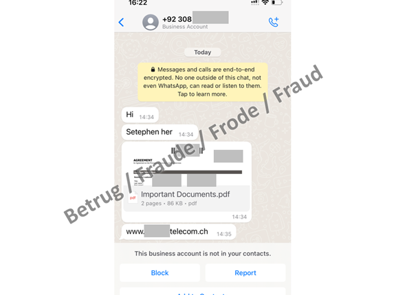 Il consulente (tale «Setephen») scrive da un numero pakistano. Il contratto originale inviato è stato rubato dal portale clienti. Sotto, il link alla pagina di phishing. 