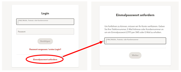 Al momento del login il nome utente e la password non vengono richiesti (immagine a sinistra). È però anche possibile identificarsi inserendo soltanto un codice inviato al numero di telefono registrato (immagine a destra). Non appena il truffatore è in possesso del codice, può accedere all’account senza inserire ulteriori dati. 