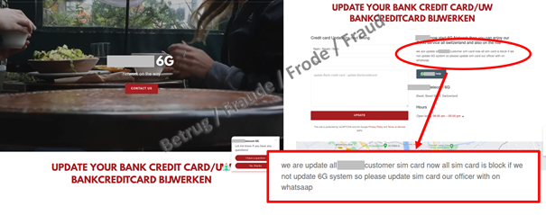 La pagina web con la presunta attivazione della rete 6G (uno standard non ancora sviluppato). Nell’immagine a destra: i campi in cui inserire i dati della carta di credito. Nella parte ingrandita: il testo che spiega il motivo per cui sarebbe stato utilizzato WhatsApp per la comunicazione. 