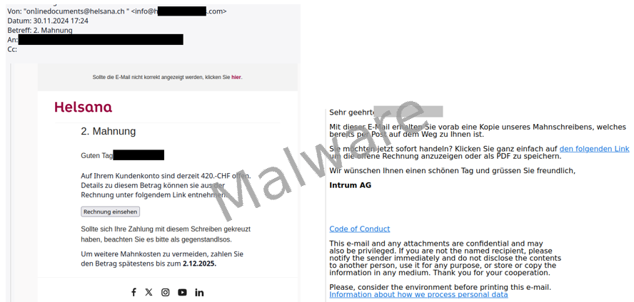 E-mail fraudolente a nome di compagnie di assicurazione sanitaria e della società di recupero crediti Intrum, che invitano il destinatario a cliccare sul link e a salvare una fattura insoluta in formato PDF.