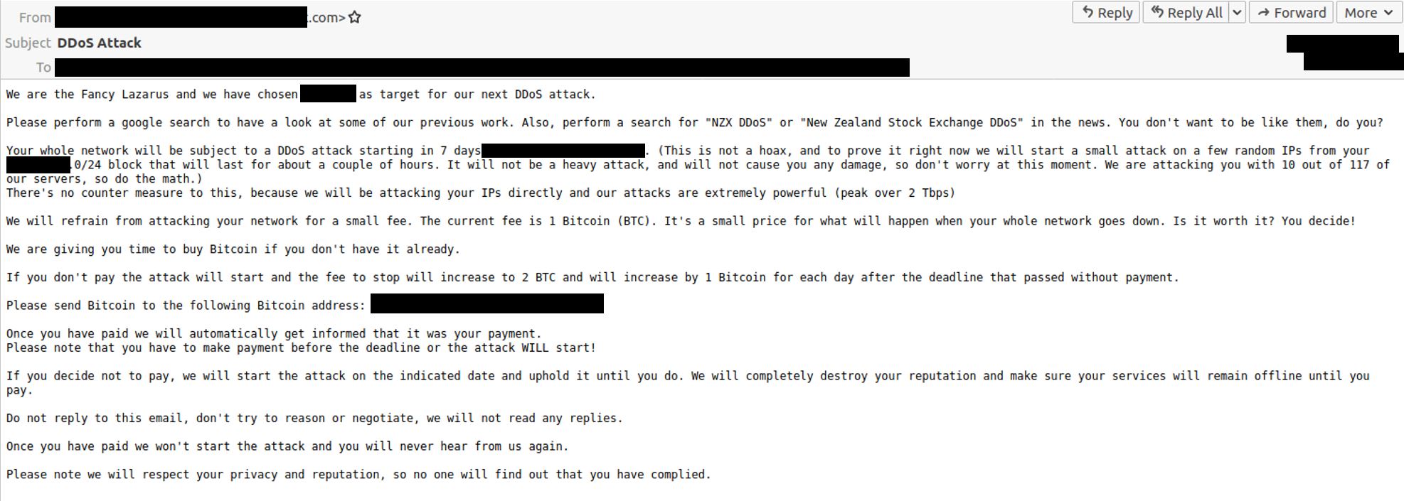 Attacco DDoS: lettera di estorsione 