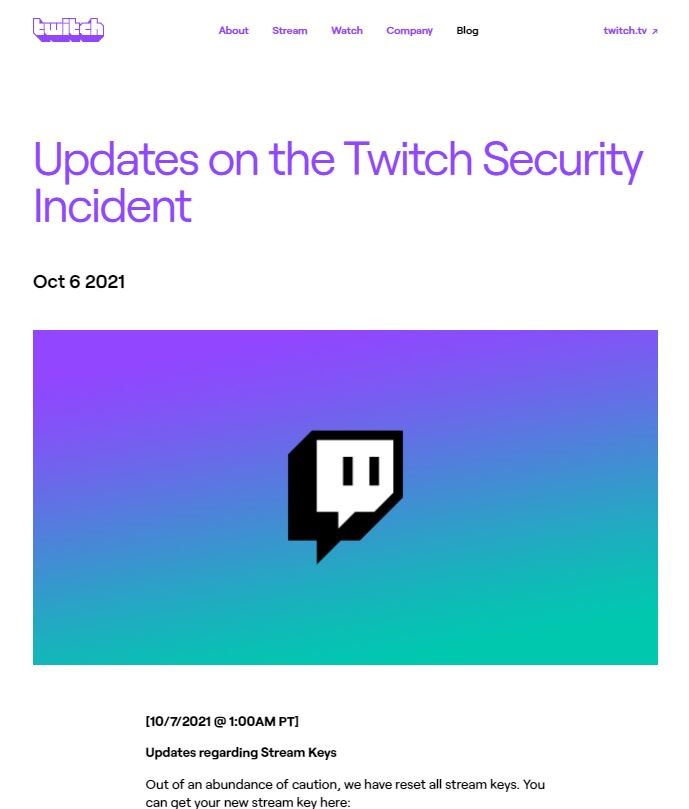 Informazione pubblicata da twitch.tv sull’incidente legato alla sicurezza