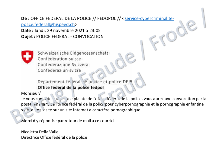 E-mail di falsa estorsione a nome di fedpol o di altre autorità di polizia europee